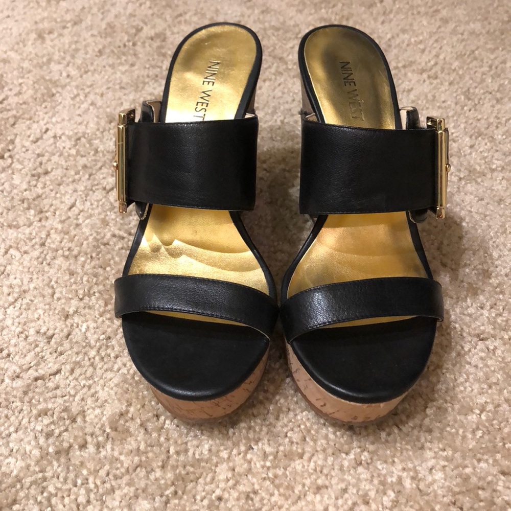 Nine West Black Open Back Buckle Wedges
